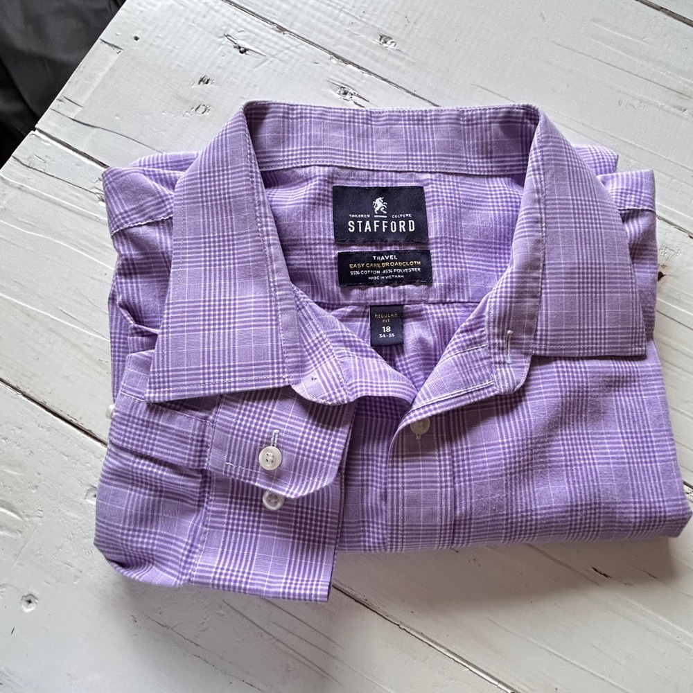 Stafford Mens Purple Check Travel Easy Care Broadcloth Dress Shirt Size 18 34-35